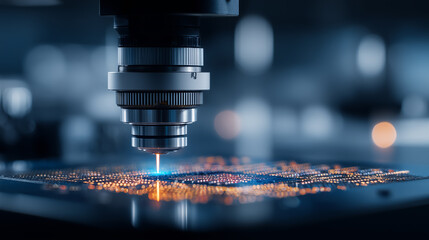Precision laser machine processing microchip surface for advanced semiconductor manufacturing and electronics production concept. 