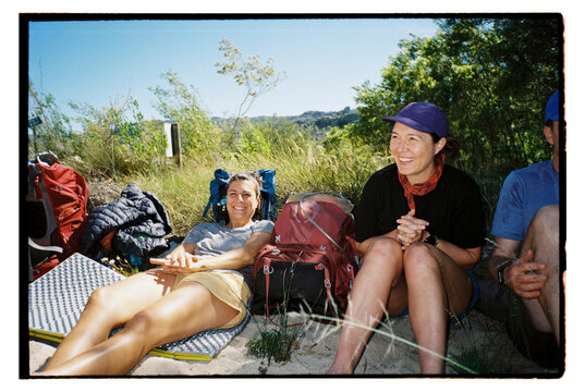 Happy hikers rest fun portrait outdoors