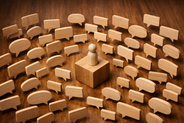 Obraz premium Wooden figure on cube surrounded by speech bubbles representing communication leadership and public opinion
