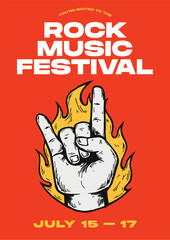 Fototapeta premium Rock Music Festival Poster Template – Hand Drawn Rock Hand Sign with Flame Illustration