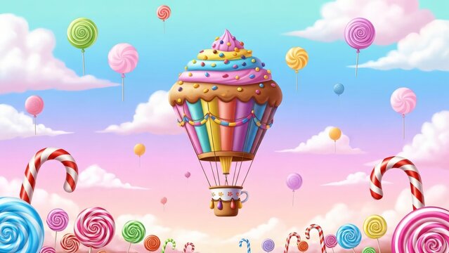 a hot air balloon with candy and candis in the sky