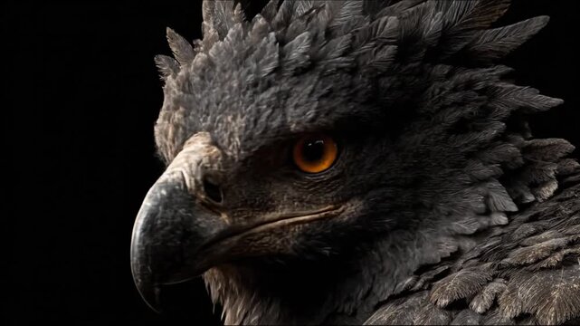 A close-up portrait of a majestic creature with dark feathers, a curved beak, and fiery eye