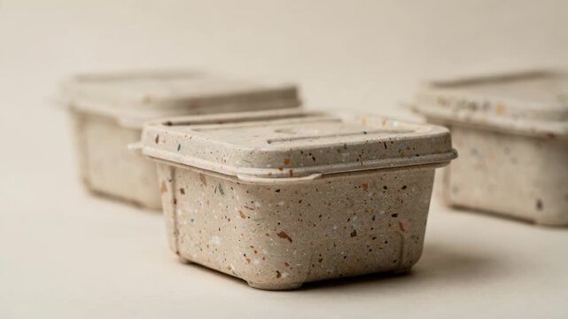 Medium shot focusing on naturalcolored recycledcontent rigid containers highlighting sustainable material textures and certified postconsumer resin use.