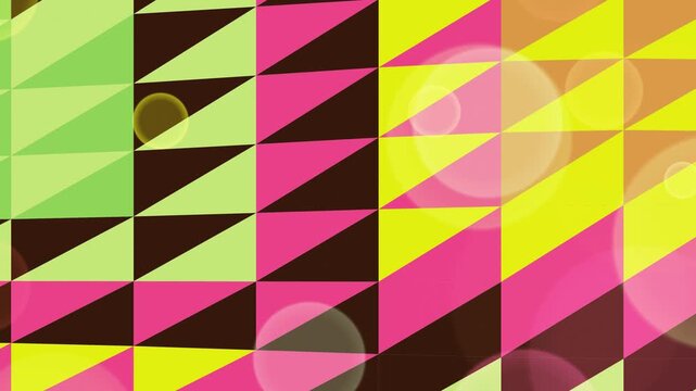 Vibrant abstract geometric background with sharp triangular patterns creating a dynamic, modern texture in energetic green, pink, and yellow hues, subtly enhanced by light effects