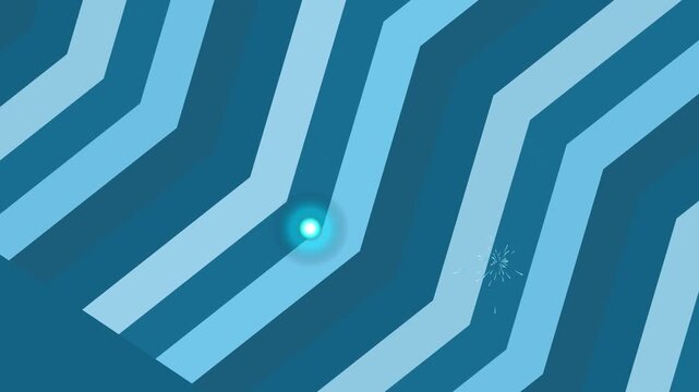 A glowing blue orb is centered among diagonal light blue stripes on a darker blue background viewed from directly above
