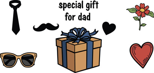 Hand drawn vector gift box with blue ribbon sunglasses mustache tie and hearts with flower special gift for dad minimalist illustration for fathers day celebration