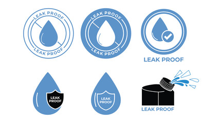 Leak Proof Water Drop Badge Icons Set &ndash; Waterproof Seal Protection Blue Vector Labels