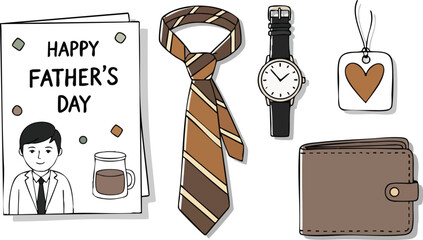 Flat design collection of fathers day greeting card with smiling man tie wristwatch leather wallet and heart shaped tag illustration