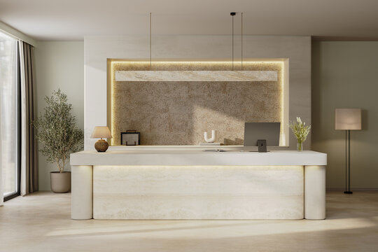 Modern reception desk in a bright minimalist lobby with warm lighting