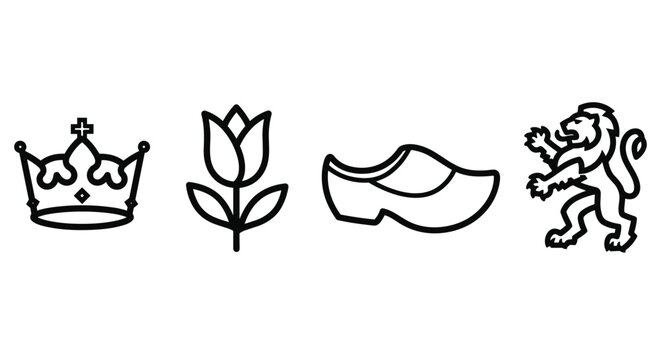 Iconic Dutch symbols: crown, tulip, clog, and lion emblem on white background