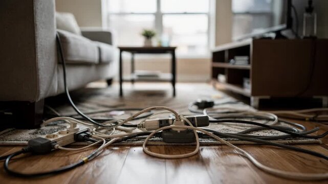 Review of electrical cords crossing traffic pathways in a small condo living room with the tangled cables in crisp detail ahead of a blurry interior backdrop.