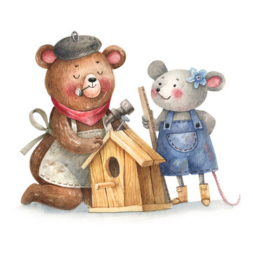 Bear and Mouse Building a Birdhouse
