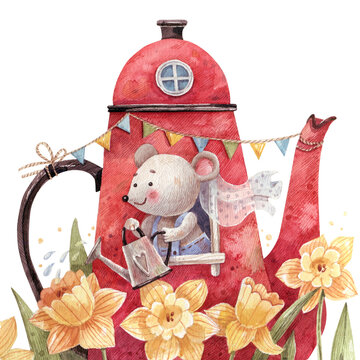 Mouse in a Teapot House with Daffodils