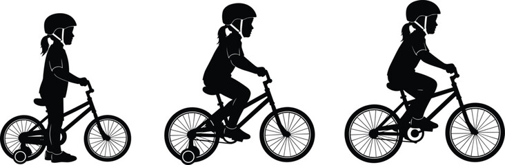 Silhouette of a girl riding a bicycle in three stages bike child