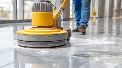 Fototapeta premium Person using a professional floor-cleaning machine to polish and maintain a shiny marble surface in a modern interior, showcasing cleanliness, efficiency, and advanced home or commercial maintenance p