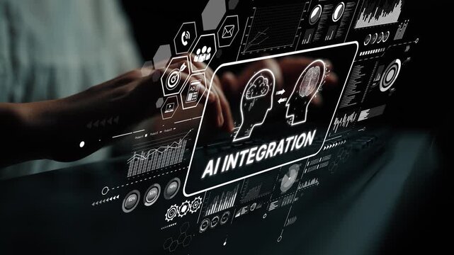 Hands on Keyboard with Digital Screen Showing AI Integration Concepts and Analytics Illustrations in Dark Environment. Asymptotic smart data analytic.