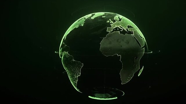 A green, pointillistic globe, representing Earth, floats against a black background with subtle rings