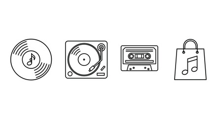 Collection of music icons: vinyl record, turntable, cassette tape, and shopping bag