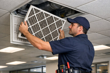 furnace, filter, air, hvac. A technician in a navy uniform replaces or installs a ceiling air filter in an office building.