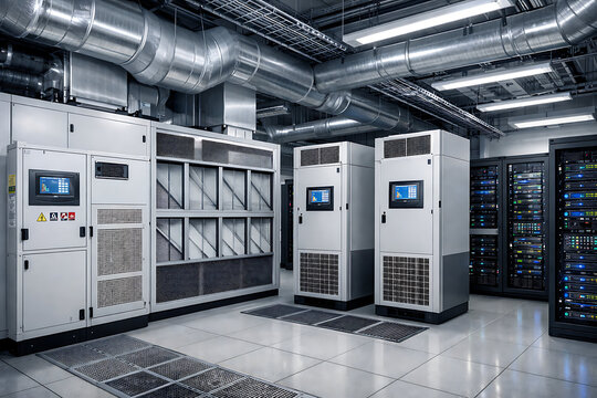 furnace, filter, air, hvac. A modern data center room with industrial cooling systems, server racks, and air ventilation pipes ensuring optimal performance and temperature control.