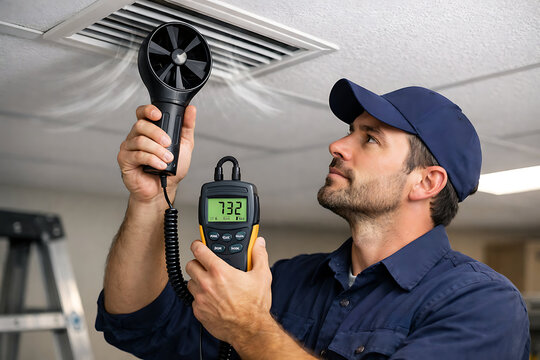 furnace, filter, air, hvac. Technician measuring airflow from a ceiling vent using an anemometer in an indoor setting.