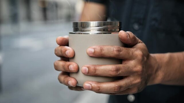 Medium shot of insulated highbarrier soup container held in hands focusing on temperature retention and durable design for hot or acidic soups on the go.