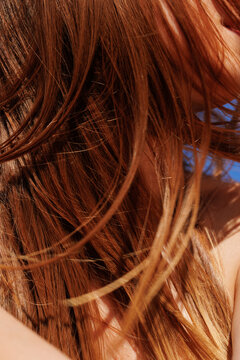 Wind blowing through long brown hair in sunlight