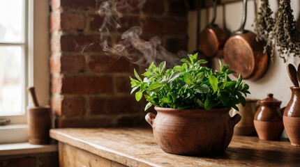 A potted plant sits on a wooden kitchen countertop with steam rising from it.