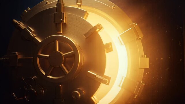 Cinematic bank vault door opening with golden light and dust particles, slow motion, symbolizing security and wealth protection