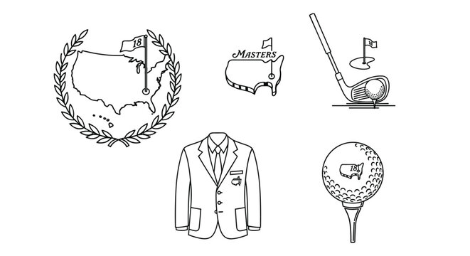 Collection of iconic golf symbols including a blazer, golf club, and Masters tournament imagery