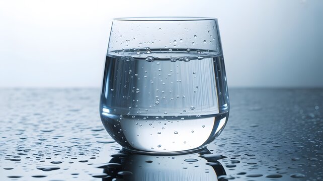 A clear glass filled with pure water sits on a reflective surface covered in water droplets, showcasing its refreshing and hydrating qualities beautifully presented.