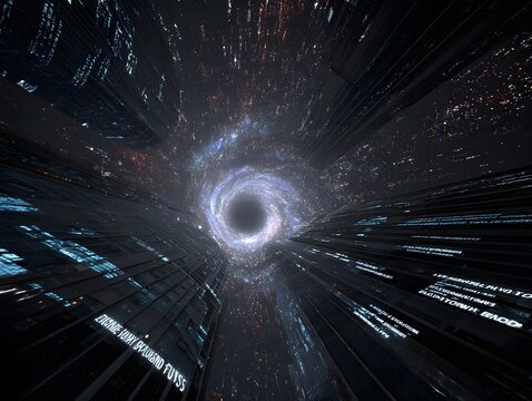 Warp Drive Velocity: A conceptual representation of faster-than-light travel through a swirling cosmic vortex, with streaks of light and distant galaxies suggesting immense speed and journey.