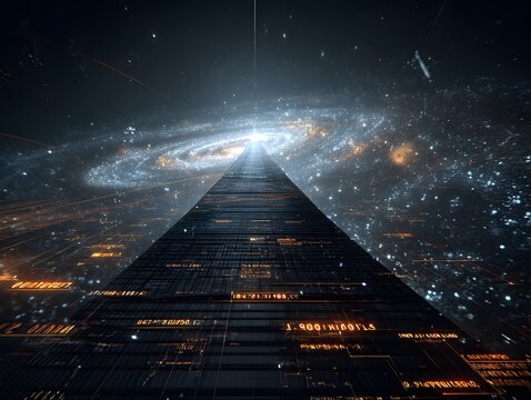Pyramid of Cosmic Data: A colossal, futuristic pyramid structure stands against a backdrop of swirling galaxies and nebulae.