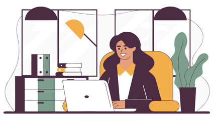 Smiling businesswoman works on her laptop at a desk in a modern office with large windows and plants.