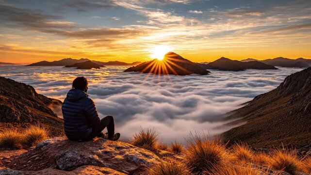 A breathtaking panoramic view unfolds as a lone individual sits atop a rugged mountain peak, gazing out at a magnificent sea of clouds stretching across the expansive horizon. The golden sun, either r