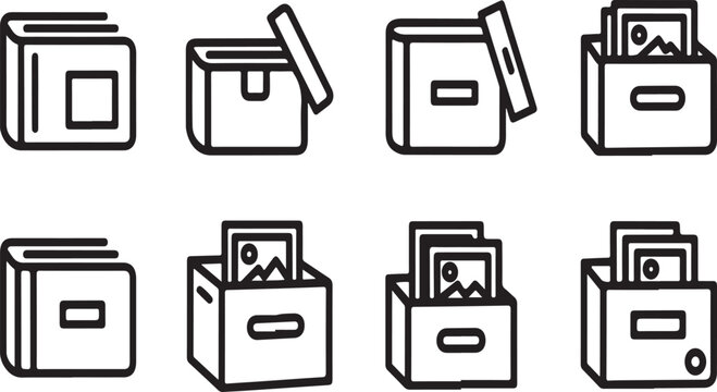 Assorted boxes and their contents in a minimalist line art style Vector