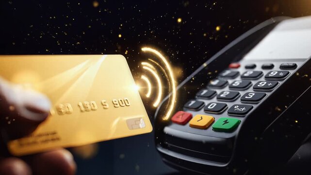 Contactless Payment with Gold Credit Card Near Card Reader, Slow Motion Footage, Symbolizing Modern Financial Transactions