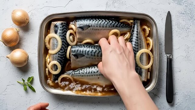 An engaging overhead view captures hands meticulously arranging fresh, whole fish in a shiny metallic baking tray, perfectly submerged in a rich, savory marinade alongside translucent white onion ring