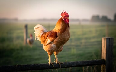 Majestic Farm Rooster at Sunrise &ndash; Golden Hour Rural Landscape, Natural Agricultural Concept