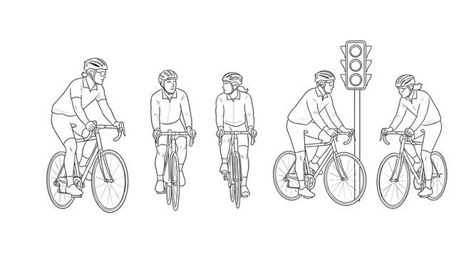 Cyclists in line at a traffic light, diverse group on bicycles, line art illustration