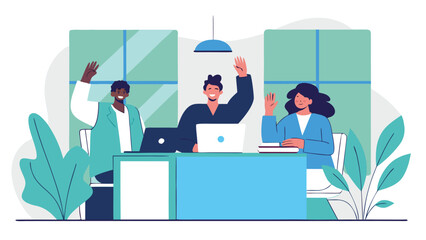Diverse business team of three people waves hello while sitting at a desk during a collaborative office meeting.