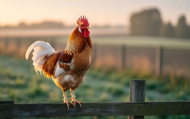 Majestic Farm Rooster at Sunrise &ndash; Golden Hour Rural Landscape, Natural Agricultural Concept