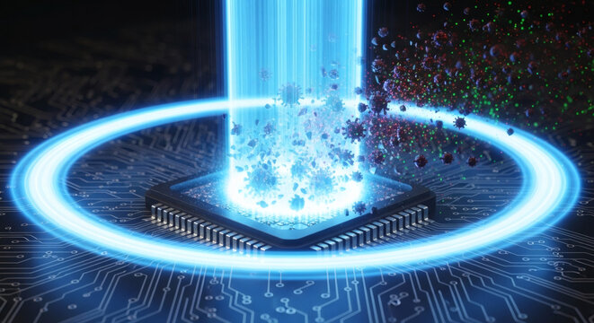 Abstract 3D illustration of a CPU processor protected by a blue light shield, destroying digital virus particles and cyber threats