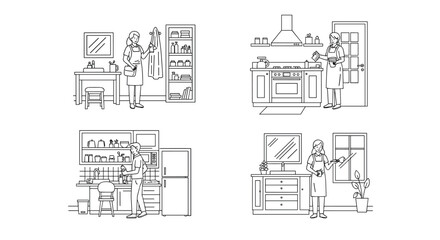 Naklejka premium Set of line art illustrations depicting people performing various household cleaning tasks