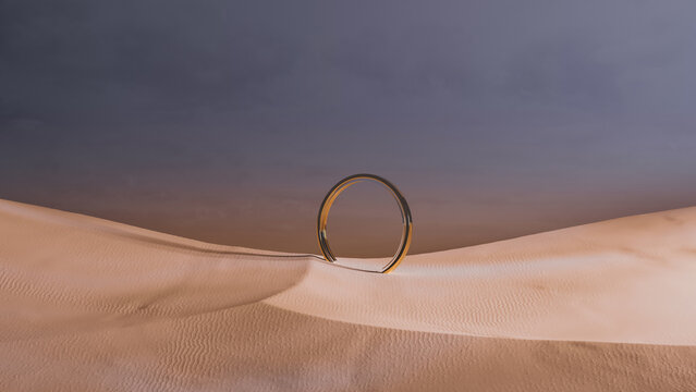 Surreal ring emerges from desert sands under golden sunset skies