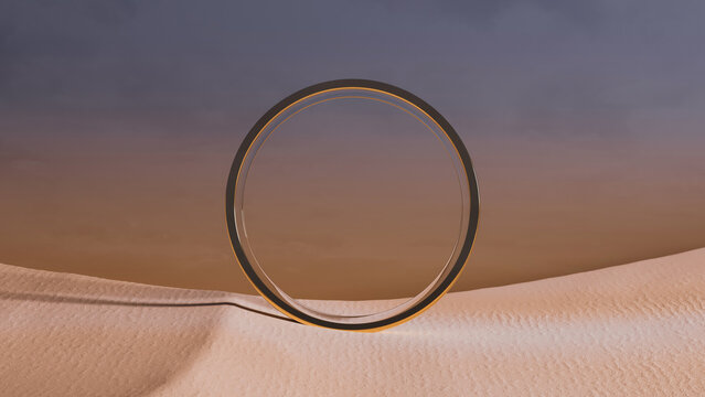 Surreal ring emerges from desert sands under golden sunset skies