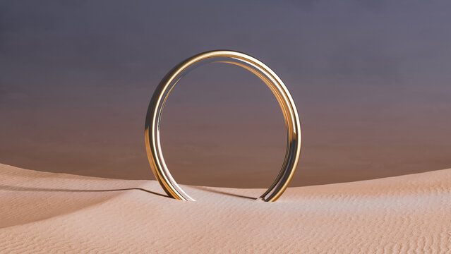 Surreal ring emerges from desert sands under golden sunset skies