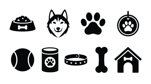 Dog pet icon set with paw print, bone, food bowl and kennel symbols in simple black silhouette style