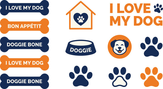 Dog lover typography and paw print icon set with bones, house logo and pet badges for branding and merchandise design