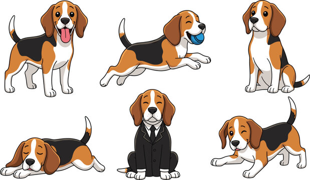 Cute beagle dog character set with different poses and expressions, cartoon puppy illustration collection isolated on white background for pet design